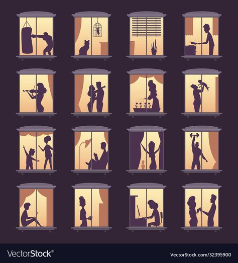 People In Windows Photography, Night Window Illustration, Night Time Illustration, Apartment Illustration, 2d Room, Window Silhouette, Night House, People Silhouette, Window Paintings