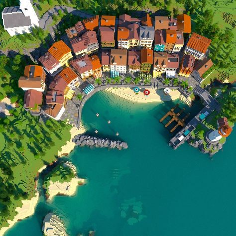 Minecraft Beach Town Ideas, Waterfront House Minecraft, Minecraft Town Modern, Minecraft Spanish Town, Beach City Minecraft, Modern Village Minecraft, Minecraft Costal Village, Minecraft Italy Village, Minecraft Lake Town