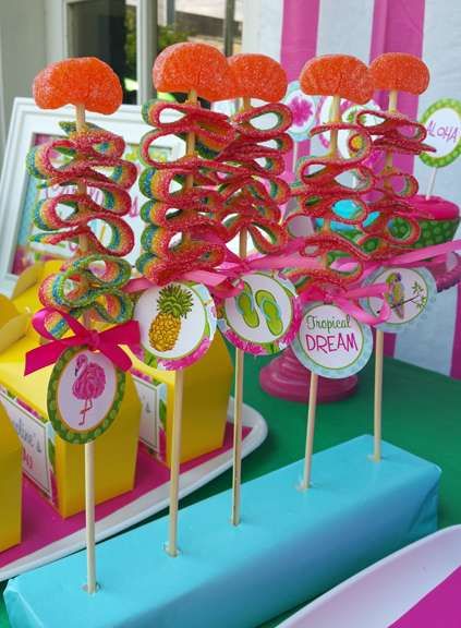 Let's Luau Pool Party | Party Styling and Party Printables by That Party Chick.  www.thatpartychick.net Hula Party Ideas, Luau Dessert Table Ideas, Luau Treats, Kid Luau Party, Aloha Party Treats, Luau Candy Kabobs, Hawaiian 2nd Birthday Luau Party, Laua Party Favors, Hawaiian Luau Party Invitations