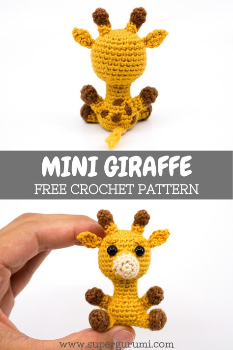 Free Crochet Pattern for the Mini Giraffe by Supergurumi. This cute giraffe is a great decorative figurine, gift or key chain. Make your loved ones happy with this little giraffe. #amigurumi #crochet #crochetpattern #giraffe #crochetfriends Crochet Mini Giraffe Free Pattern, Free Crochet Applique Patterns Animals, Giraffe Gift Ideas, Crochet Amigurumi Giraffe, Mini Amigurumi Animals, Crochet Keychain Animals Free Pattern, Crochet Amigurumi Giraffe Free Patterns, Free Crochet Pattern Giraffe, Mini Crochet Animal Patterns