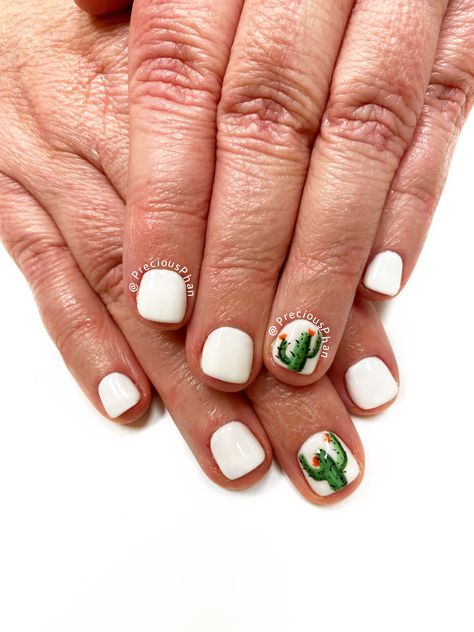 White nails. Cactus nails. . #PreciousPhan #Nails Cactus Nail Art Simple, Cactus Nails Design Simple, Cactus Design Nails, Nails Cactus Design, Nail Ideas Cactus, Cactus Nails, Finger Nails, White Nails, Nail Colors