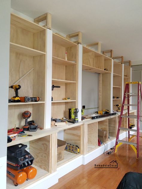 Wall Of Shelves, Desk Wall Unit, Bookcase Plans, Dining Room Shelves, Built In Entertainment Center, Office Built Ins, Built In Shelves Living Room, Diy Entertainment, Bookcase Diy