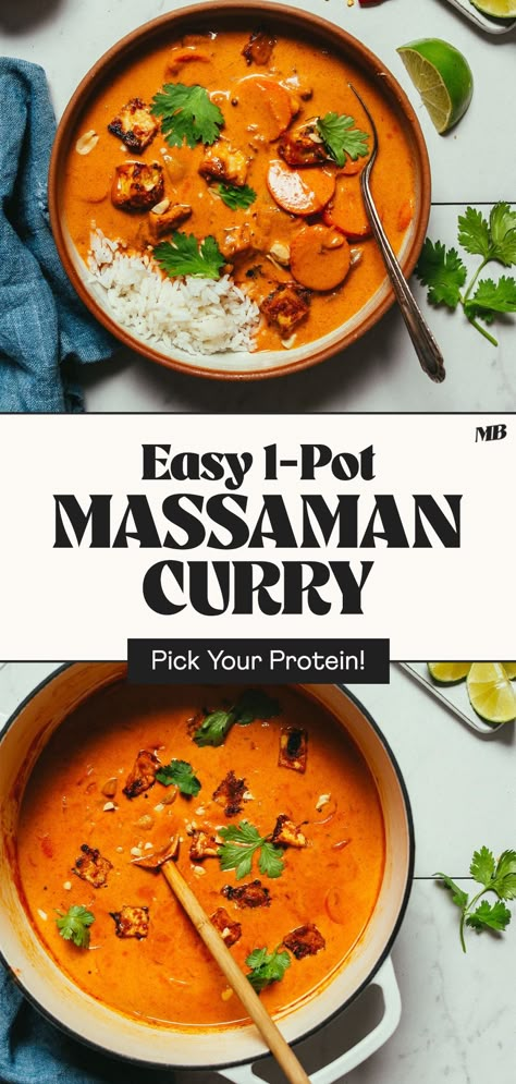 Simple, 1-pot Massaman curry made without store-bought Massaman curry paste! Simply use spices you have on hand plus Thai red curry paste to achieve this flavorful, rich Massaman curry! Optional protein suggestions for vegans, pescatarians, and meat-eaters! Healthy Massaman Curry, Vegan Massaman Curry Recipe, Vegan Massaman Curry, Lamb Massaman Curry, Cauliflower And Chickpea Curry, Thai Massaman Curry, Beef Massaman Curry, Massaman Curry Paste, Thai Red Curry Paste