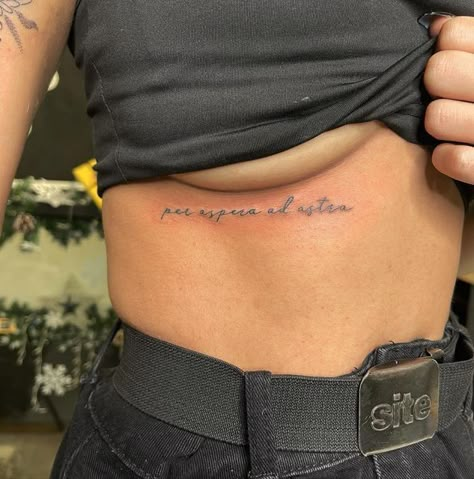 Underbreast Tattoo Writing, Rib Cursive Tattoo, Quote Tattoos Ribs, Word Rib Tattoo, Quote Tattoo Fonts, Under Rib Tattoo, Under Rib Tattoos For Women, Quote Rib Tattoo, Underboob Rib Tattoo