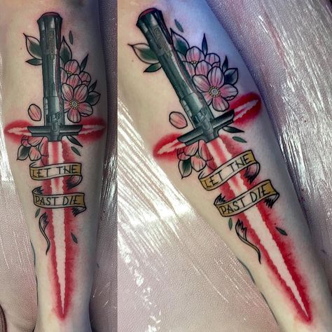 Kylo Ren Lightsaber Tattoo, Lightsaber Tattoos, Star Wars Tattoo Sleeve, Lightsaber Tattoo, Kylo Ren Lightsaber, Tattoo Ink Colors, Darth Revan, Homemade Tattoos, Bottle Tattoo