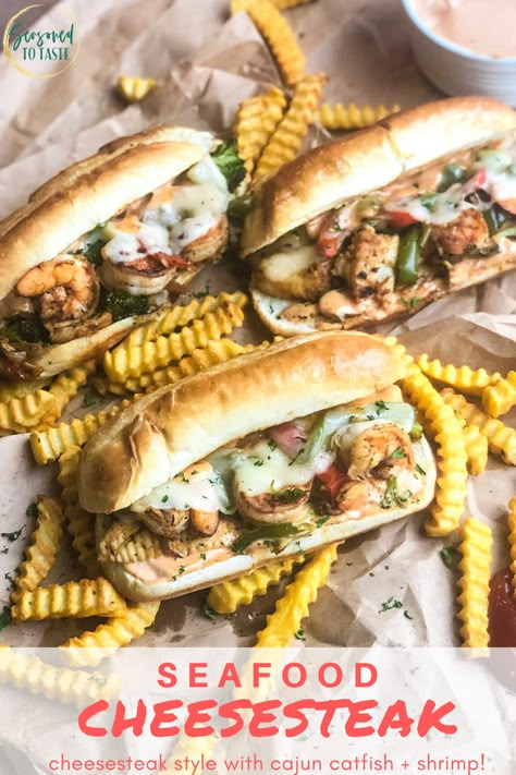 Salmon Cheesesteak, Pescatarian Dinner Ideas, Cheesesteak Recipes, Seafood Burger, Pescatarian Dinner, Shrimp Sauteed, Chef Bae, Philly Steak Sandwich, Cajun Catfish