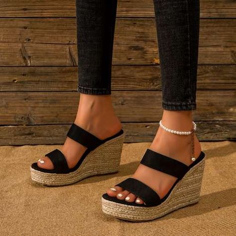 Mens Gym Shoes, Trendy Womens Shoes, Heeled Espadrilles, Casual Wedges, Trendy Sandals, Ankle Strap High Heels, Espadrilles Platform, Heels Fashion, Black Shoes Women