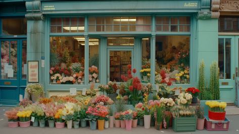 film still, the front of a flower shop, daylight, shot on Kodak Gold 200, 8k, photorealistic, wes anderson movie style --no perspective shadows text --ar 16:9 --v 5 Wes Anderson Film Stills, Wes Anderson Movie Stills, Wes Anderson Flowers, Wes Anderson Stills, Wes Anderson Characters, Wes Anderson Movie, Wes Anderson Aesthetic, Wes Anderson Style, Million Flowers