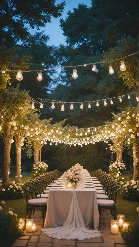 Lighting For Backyard Wedding, Garden Wedding Fairy Lights, Outdoor Wedding Dinner Lighting, Outdoor Light Wedding Receptions, Fairytale Lights Wedding, Night Outdoor Reception, Best Venues For Weddings, Garden Wedding Intimate, Small Intimate Garden Wedding