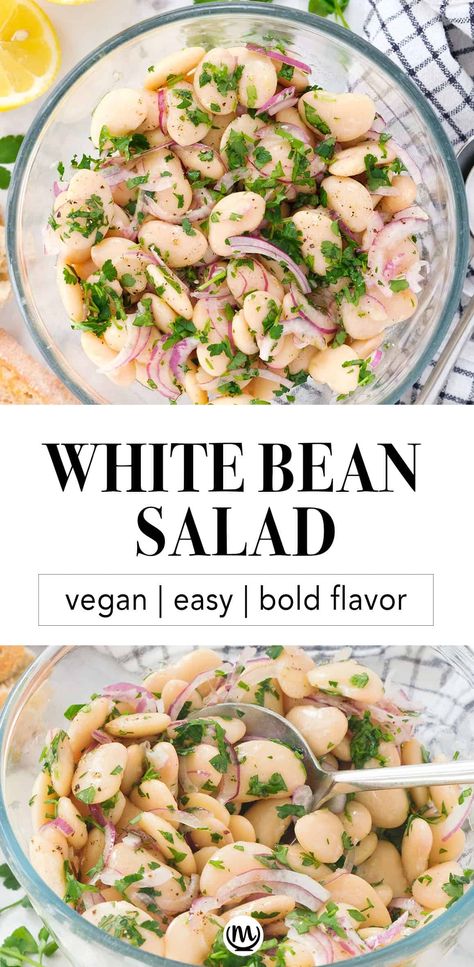 This vegan no-frills white bean salad is packed with flavor, fluffy beans, and coated in a tangy lemon garlic dressing. Simple, bold, nutritious. #saladrecipes #veganrecipes #whitebeanrecipes #beansalad Lemon Garlic Dressing, White Bean Salad Recipes, Bean Salad Healthy, Vegan Bean Salad, Dressing Simple, White Bean Recipes, Garlic Dressing, Med Diet, White Bean Salad