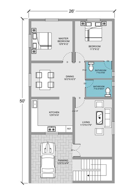 Architecture Plan With Dimensions, 26×50 House Plan, 22x40 House Plans 2bhk, Banglow Plan Layout, 25 X 40 House Plans, Duplex House Plans 3 Bedroom, 2bhk Plan, 25×50 House Plan, 2 Bhk House Plan