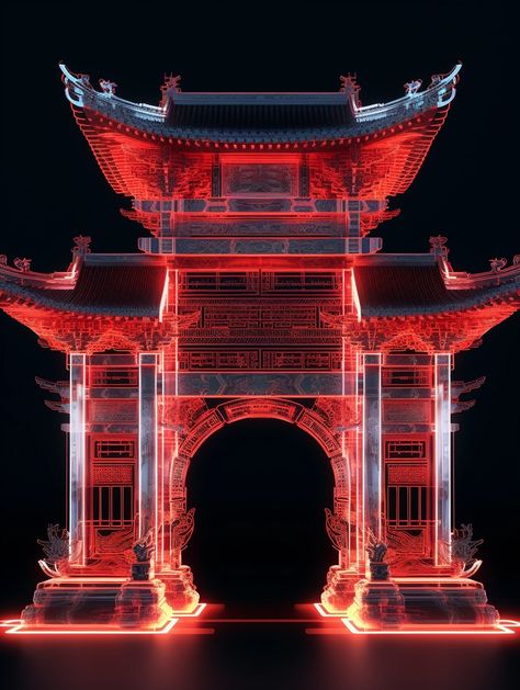 Chinese Torii, neon lights, symmetrical composition, X-ray, transparent, architectural structure, bioluminescence, white and red, in the style of computer art, Eastern Zhou Dynasty, 8k New Chinese Style Design, Japanese Wedding Theme, Symmetrical Composition, Architectural Structure, Zhou Dynasty, Futuristic Building, Abstract Graphic Design, Neon Red, Futuristic Interior