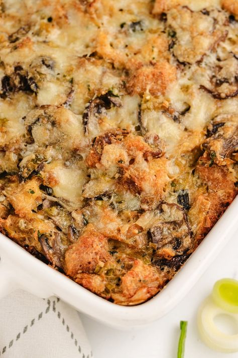 Mushroom and Leek Bread Pudding Leek And Mushroom Recipes, Mushroom And Leek Bread Pudding, Leek Bread Pudding, Leek Bread, Mushroom Bread Pudding, Savory Bread Pudding, Breaded Mushrooms, Savory Bread Puddings, Thanksgiving 2024