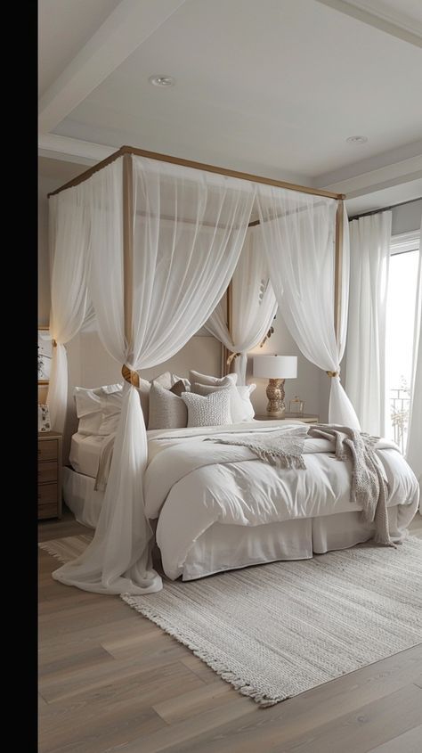 Romantic Bedroom Colors, White Canopy Bed, Modern Cozy Bedroom, White Bedroom Ideas, Canopy Bedroom, Fantasy Bedroom, Feng Shui Bedroom, Cool Room Decor, Luxury Bedroom Decor