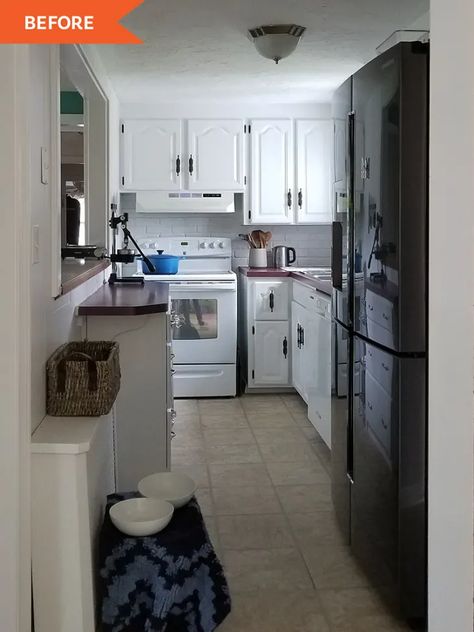 Small 1945 Galley Kitchen Makeover - Before & After | Kitchn Galley Kitchen Remodel Ideas Before And After, Small Galley Kitchen Makeover, Small Kitchen Before And After, Small Galley Kitchen With Island, Small Narrow Kitchen Design, Galley Kitchen Makeover, Narrow Galley Kitchen, Galley Kitchen Remodel Before And After, Small Narrow Kitchen