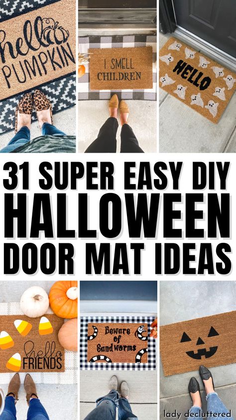 31 Super Easy DIY Halloween Door Mat Ideas Diy Entry Mat, Cricut Halloween Door Mat, Diy Halloween Doormat Stencil, Coir Doormat Diy Halloween, Halloween Front Door Mat, Halloween Welcome Mats Diy, Diy Door Mat Halloween, Halloween Door Mats Diy, Diy Halloween Welcome Mat