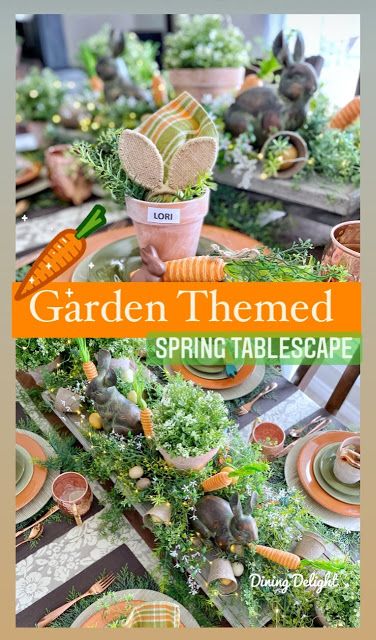 Dining Delight: Garden Themed Spring Tablescape Spring Garden Tablescape, Garden Themed Table Decor, Garden Themed Centerpieces, Garden Table Scape, Garden Theme Tablescape, March Tablescapes, Garden Themed Tablescapes, Spring Luncheon Decorations, Spring Banquet Table Decorations