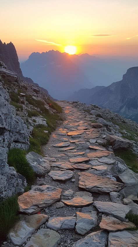 Mountain Sunset Path: A serene sunset view over the mountain range, with an ancient stone path inviting exploration. #sunset #mountains #path #nature #outdoors #aiart #aiphoto #stockcake ⬇️ Download and 📝 Prompt 👉 https://stockcake.com/i/mountain-sunset-path_332312_417211 Mountain Path, Hiking Path, Mountain Trail, Mountain Road, Sunsets In The Mountains, Sunrise Over Mountains, Sunrise Aesthetic Mountain, Sunrise From Mountain, Sunset Behind Mountains