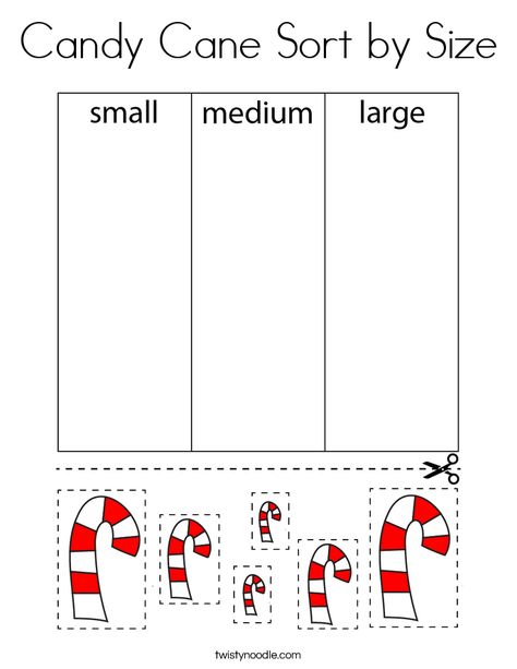 Candy Cane Sort by Size Coloring Page - Twisty Noodle Candy Cane Fine Motor Activities, Candy Cane Art Preschool, Candy Cane Theme Preschool, Candy Cane Preschool Craft, Preschool Candy Cane Activities, Candy Cane Preschool Activities, Candy Cane Activities For Preschool, Candy Cane Preschool, Sort By Size