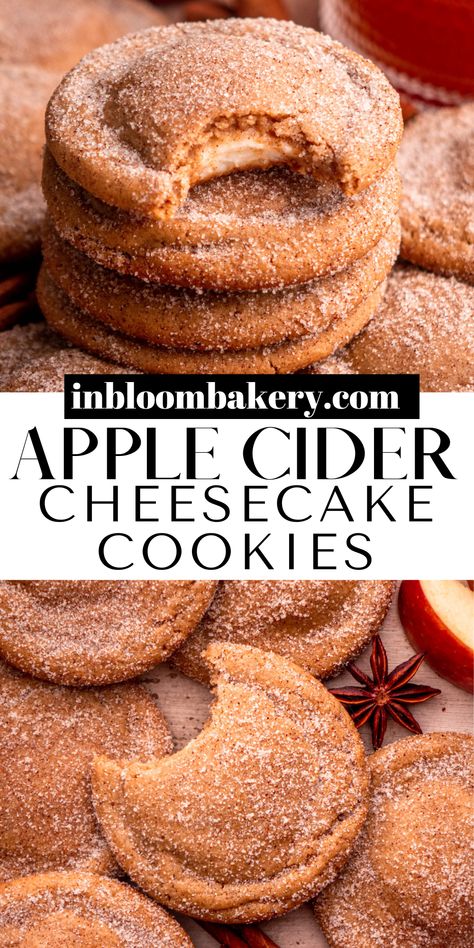 Apple Cider Cheesecake Bars, Apple Cider Cheesecake Muffins, Caramel Apple Cider Cookies Recipes, Cookie Recipes Cheesecake, Cooking Dinner Recipes, Apple Pumpkin Cookies, Apple Cider Cheesecake Cookies, Best Fall Deserts, Cookies With Apples