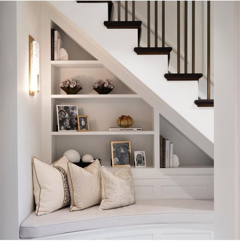 Under Stairs Reading Area, Bespoke Under Stairs Storage, Hall Under Stairs, Under Stairs Joinery, Shelving Under Staircase, Under Stairs Bookshelves, Under Stairs Storage Living Room, Book Shelves Under Stairs, Books Under Stairs