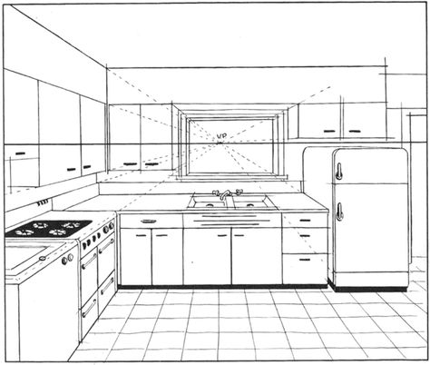 Step 06 perspective inner rooms Basics of 1 Point and 2 Point Perspective   AKA Parallel and Angular Perspective Lesson Perspective Room, 3 Point Perspective, 2 Point Perspective, Perspective Lessons, Kitchen Drawing, Perspective Drawing Architecture, Drawing Interior, Perspective Drawing Lessons, One Point Perspective