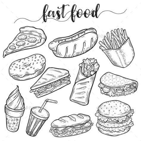 Fast or Unhealthy Junk Food Sketches by cookamoto | GraphicRiver Food Hot Dog, Food Sketches, Food Doodles, Food Art For Kids, Food Sketch, Waffle Cone, Cute Food Drawings, 수채화 그림, Food Drawing