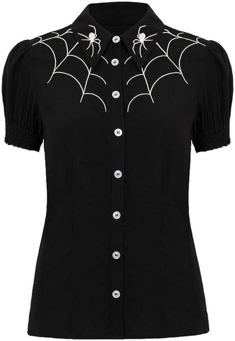 Hell Bunny Arania Spider Web Embroidered Short Sleeve Button Up Blouse Top Shirt (as1, Alpha, 6X, Plus, Regular) Black at Amazon Women’s Clothing store Goth Button Up, Camisa Social, Embroidered Shorts, Button Up Blouse, Short Sleeve Button Up, Short Sleeve Button, Amazon Women, Spider Web, Blouse Top