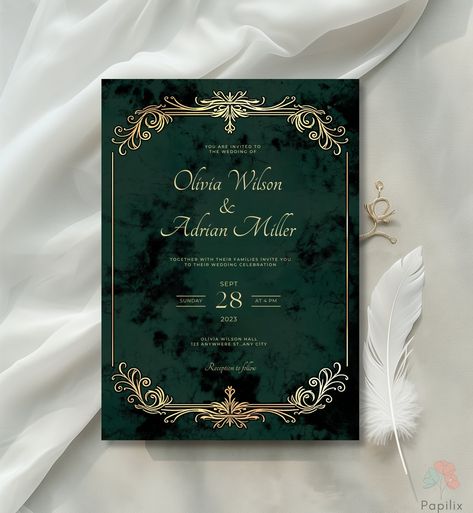 ✨ COMPLETE WEDDING STATIONERY SET AVAILABLE! ✨ Looking for a full set? You can find the matching Invitation, Details Card, RSVP Card, and Thank You Card Set at the link below: 👉 https://www.etsy.com/listing/1774822972/elegant-emerald-green-wedding-invitation This set perfectly complements your wedding theme, ensuring a cohesive and elegant look for your special day. This invitation epitomizes timeless elegance and sophisticated charm, perfect for couples seeking a classic and formal wedding the Wedding Invitations Emerald Green, Green Wedding Invites, Fancy Invitations, Gold And Emerald Wedding, Dark Green Wedding Invitations, Gold And Green Wedding, Emerald Green Wedding Invitations Style, Emerald Green And Champagne Wedding, Emerald Green And Gold Wedding Invitations