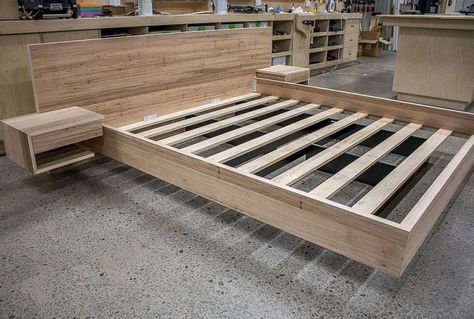 DIY Floating Bed Frame with LED Lighting Plans Ideas | Home Interiors Floating Bed Master Room, Floating Bed Headboard, Custom Platform Bed, Custom Bed Frames, Diy Floating Bed Frame How To Build, How To Make A Floating Bed, Homemade Bed Frames, Floating Bed With Headboard, Pedulla Studio