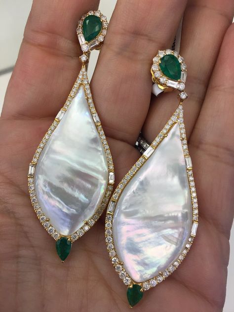 Mother of Pearl- Emerald & Diamond Mother Of Pearl Jewelry Indian, Mother Pearl Jewelry, Goa Jewellery, Mop Jewelry, Fine Pearl Jewelry, Mother Of Pearl Jewelry, Indian Jewellery Design Earrings, Fancy Earrings, Bold Earrings