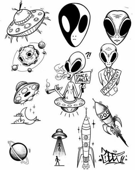 Tato Flash, Alien Drawings, Alien Tattoo, Flash Tattoo Designs, Doodle Tattoo, Tattoo Flash Sheet, Sketch Tattoo Design, Tattoo Art Drawings, Custom Tattoo Design