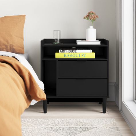 Gheorghe Nightstand Black Nightstand Bedroom, Vermont Ski House, Functional Nightstand, Little Boys Bedroom, Mens Bedroom Decor, Nightstand Wood, Mid Century Modern Aesthetic, Black Nightstand, Concealed Storage