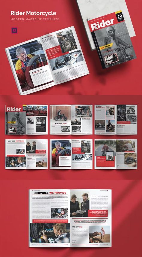 Rider Motorcycle Magazine Template InDesign Files IDML\INDD\INDT. 14 Pages. Motorcycle Magazine Cover, Print Design Brochure, Layout Magazine, Motorcycle Magazine, Bike Magazine, Magazine Ideas, Ktm 450, Poster Graphics, Motorcycle Equipment