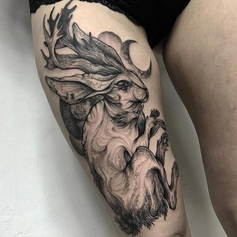 Edgy Recreations of Mythical Creatures Emerge from Blackwork Tattoos - My Modern Met -  Parvick Faramarz’s portfolio overflows with rich, dark characters that seem to be plucked straight from the pages of a fairy tale. 42 Tattoo, Russian Tattoo, Rabbit Tattoo, Muster Tattoos, Rabbit Tattoos, Black Ink Tattoos, Black Work, Blackwork Tattoo, Skin Art