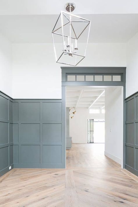 Board And Batten With Doorway, Board And Batten Wall With Doorway, Sw Mediterranean Paint, Herringbone Board And Batten Wall, Wainscoting Office Ideas, Paneling Entryway, Sw Grizzle Gray, Gray Board And Batten, Gray Wainscoting