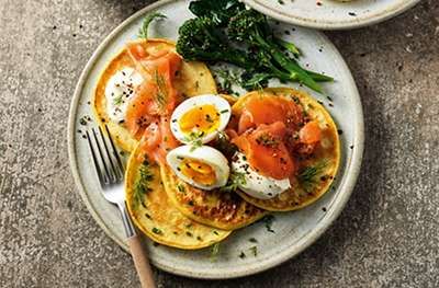 Potato Pancakes With Smoked Salmon & Eggs Recipe | Waitrose & Partners Smoked Salmon Eggs, Puffy Pancakes, Fresh Pasta Sauce, Smoked Salmon And Eggs, Burns Supper, Salmon Eggs, Frozen Seafood, Eggs Recipe, Potato Pancakes