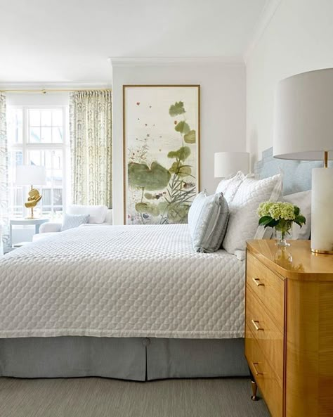 blue and white bedroom design by blue print interiors | large scale art by arienne lepretre | white coverlet with blue bedskirt | sycamore side table from blue print | blueprintstore.com Bedroom Hygge, Guest Bedroom Inspiration, White Bedroom Design, Purple Bedrooms, Gold Bedroom, Coastal Bedrooms, Master Bed, Room Goals, Primary Bedroom