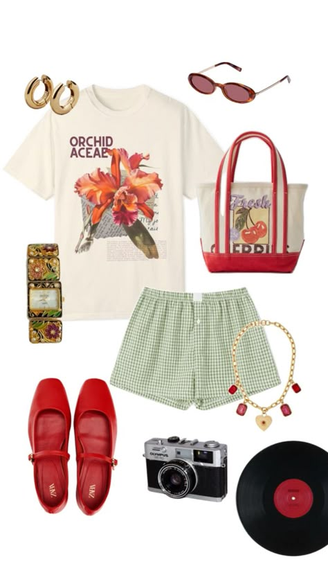 I love ! Cherry Tote Bag, Red Mary Jane Shoes, Tortoiseshell Sunglasses, Accessories Outfit, Heart Charm Necklace, Gingham Shorts, Retro Accessories, Green Gingham, Bracelet Heart