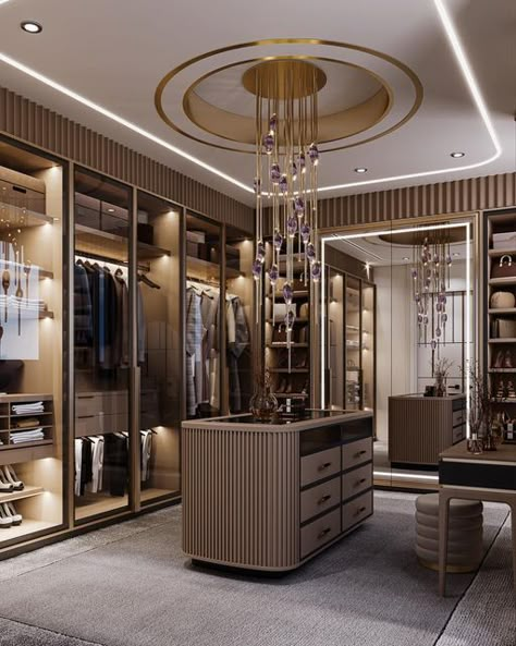 Luxury Walk In Wardrobe Design, Wardrobe Island Design, Dressing Room Dimensions, Brown Closet, Walking Wardrobe, Dressing Unit, Bedroom Cupboard Designs, Wardrobe Interior Design, Furniture Dimensions