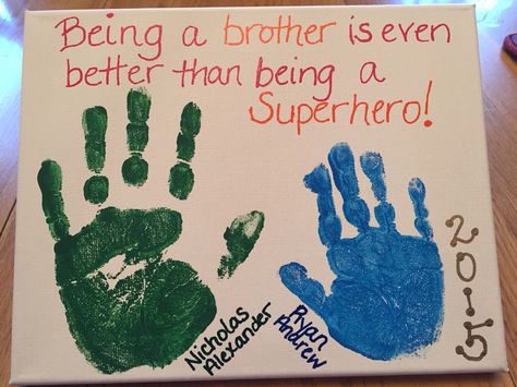 Handprints - being a big brother is even better than being a superhero. Brother Handprint Art, Big Brother Handprint Craft, Cutest Bumkin In The Patch, Family Hand Prints, Sibling Art, Big Brother Little Sister, Big Brother Little Brother, Big Brother Gift, Life Activities