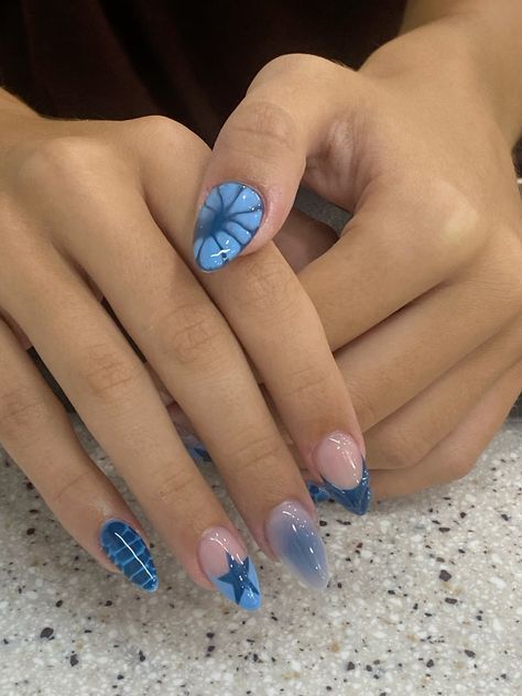 Solid Blue Nails With Design, Cute Pattern Nails, Almond Nails Aura Design, 3d Blooming Gel Nails, White And Blue Nails French Tip, Almond Nails Designs 3d Gel, Nail Ideas Gel X Almond, Blue Nails Blooming Gel, Nail Sculpting Gel