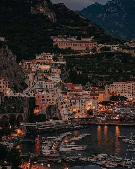 Positano Amalfi Italy at night North Italy Aesthetic, Italy At Night, Grecia Santorini, Gap Year Travel, Italy Vibes, Amalfi Italy, Italian Aesthetic, Travel Inspiration Destinations, Dream Place