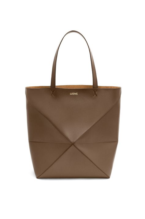 XL Puzzle Fold tote in shiny calfskin Umber - LOEWE Iconic Bags, Geometric Lines, Travel Companion, Calf Skin, Wardrobe, Silver, Gold, Design