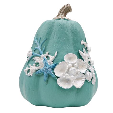 PRICES MAY VARY. SIZE pumpkin measures 7.5 inches in size. It is the perfect size for anywhere in your home! MATERIAL Pumpkin is made out of heavy, high quality, resin material. DETAILS pumpkin is painted blue with a gold tone stem. Details feature blue starfish and white shells, as well as glittery coral. NAUTICAL DECOR pumpkin makes a great standing table top decoration for bathrooms, coffee tables, and front porches. GIFT nautical fall decoration also makes a great gift for friends and family Coastal Pumpkins Decorating Ideas, Costal Fall Home Decor, Beach Theme Pumpkins, Navy Blue Fall Decor, Coastal Snowman Diy, Ocean Themed Pumpkin Painting, Coastal Thanksgiving Decor, Beach Pumpkins Coastal, Farmhouse Mantle Decor