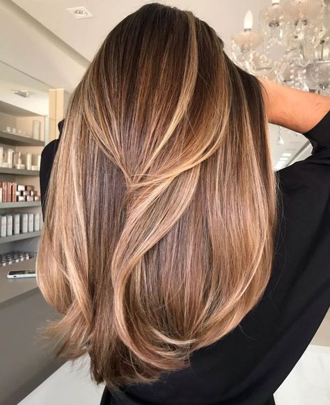 Delicious Light Caramel Brown Balayage Light Brown Layers, Light Brown Hair With Highlights, Bayalage Hair, Warm Highlights, Brown Hair With Caramel Highlights, Rambut Brunette, Hair With Highlights, Lighter Hair, Brunette Hair With Highlights