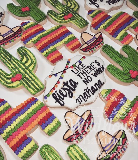 Fiesta cookies. Retirement party. Fiesta like there's no work mañana. Cactus cookies. Sombrero cookies. Sombrero Cookies, Fiesta Cookies, Cactus Cookies, Fiesta Theme Party, Llama Birthday, Cactus Party, Fiesta Theme, Fiesta Birthday, Fiesta Baby Shower