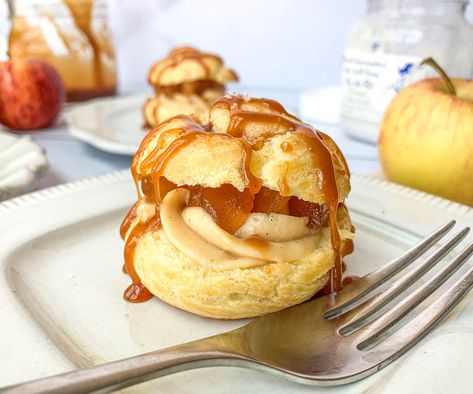 These Caramel Apple Cream Puffs are a classic cream puff filled with caramel pastry cream and apple preserves, topped with homemade salted caramel sauce! Caramel Pastry Cream, Using Egg Yolks, Apple Preserves, Yolk Recipes, Caramel Pastry, Cream Puff Filling, Egg Yolk Recipes, Homemade Salted Caramel, Pastry Cream Recipe