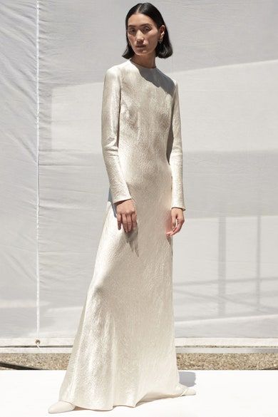 White Leather Jacket, Resort 2020, Column Dress, 2020 Fashion, Satin Maxi, Satin Maxi Dress, Maxi Gowns, Gown Dress, Dress Cuts