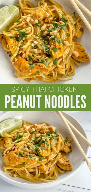 Spicy Thai Peanut Chicken Noodles Spicy Thai Peanut Chicken, Thai Peanut Chicken Noodles, Peanut Chicken Noodles, Peanut Chicken Stir Fry, Peanut Chicken Recipe, Thai Peanut Noodles, Peanut Sauce Noodles, Noodles Spicy, Spicy Peanut Noodles